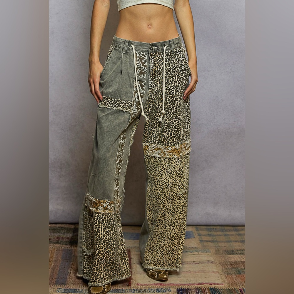 POL Patchwork Wide Leg Pants - Gray and Tan
